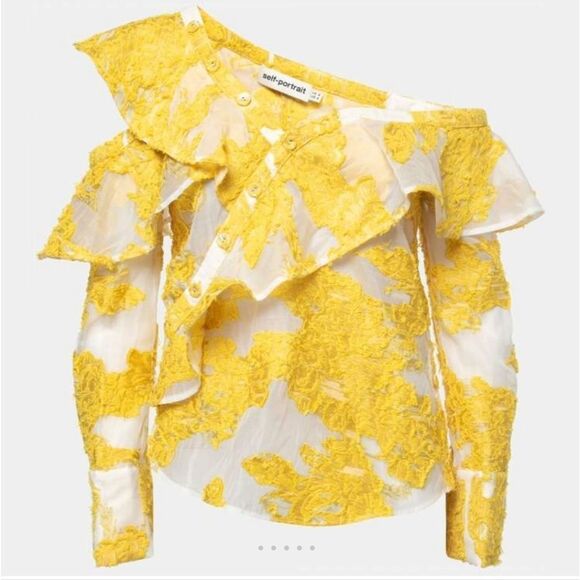 Self Portrait Yellow Floral Fil Coupe Asymetric Mesh Ruffled Top Off Shoulder - Picture 16 of 16